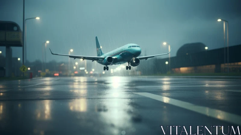 AI ART Night Landing: Blue and White Passenger Airplane on Wet Runway