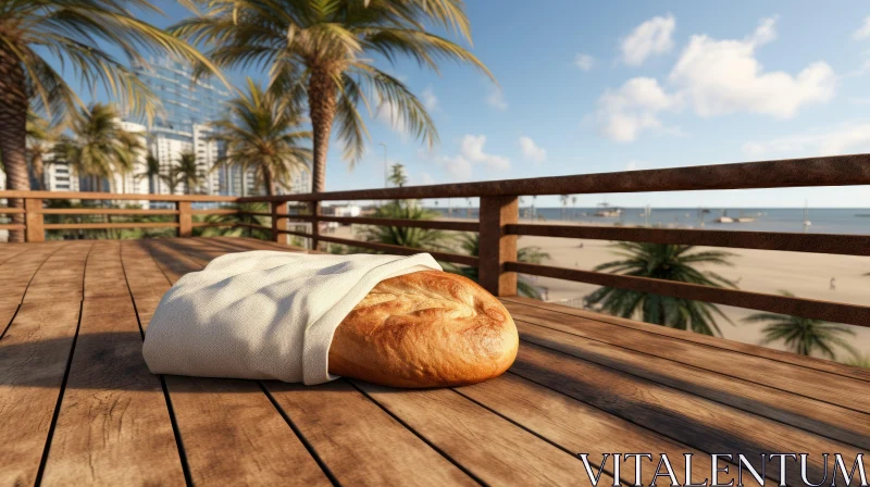 Captivating 3D Rendering of Wooden Table with Bread on Pier AI Image
