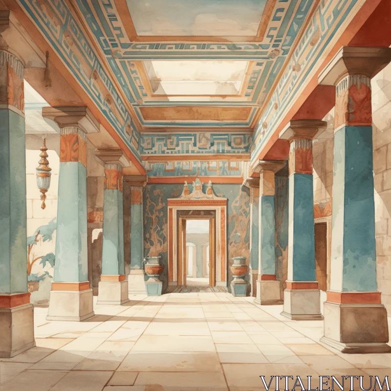 Ancient Building Illustration with Mythological Scene | Watercolor Art AI Image