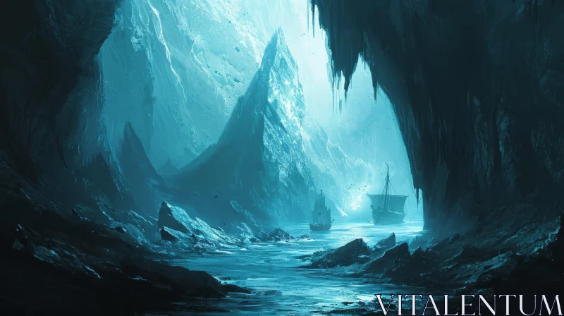 Enchanting Fantasy Painting of Cavernous Underground Lake AI Image