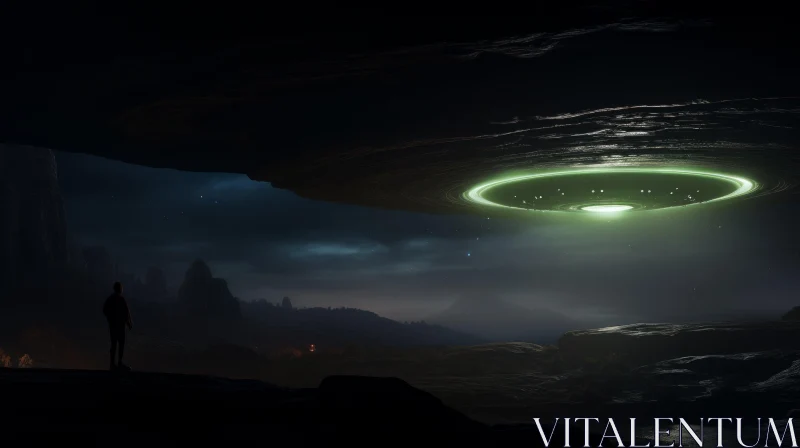 Enigmatic UFO Encounter in Dark Landscape AI Image
