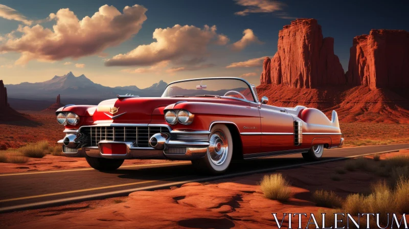 Vintage Red Cadillac Eldorado Driving in Desert Landscape AI Image