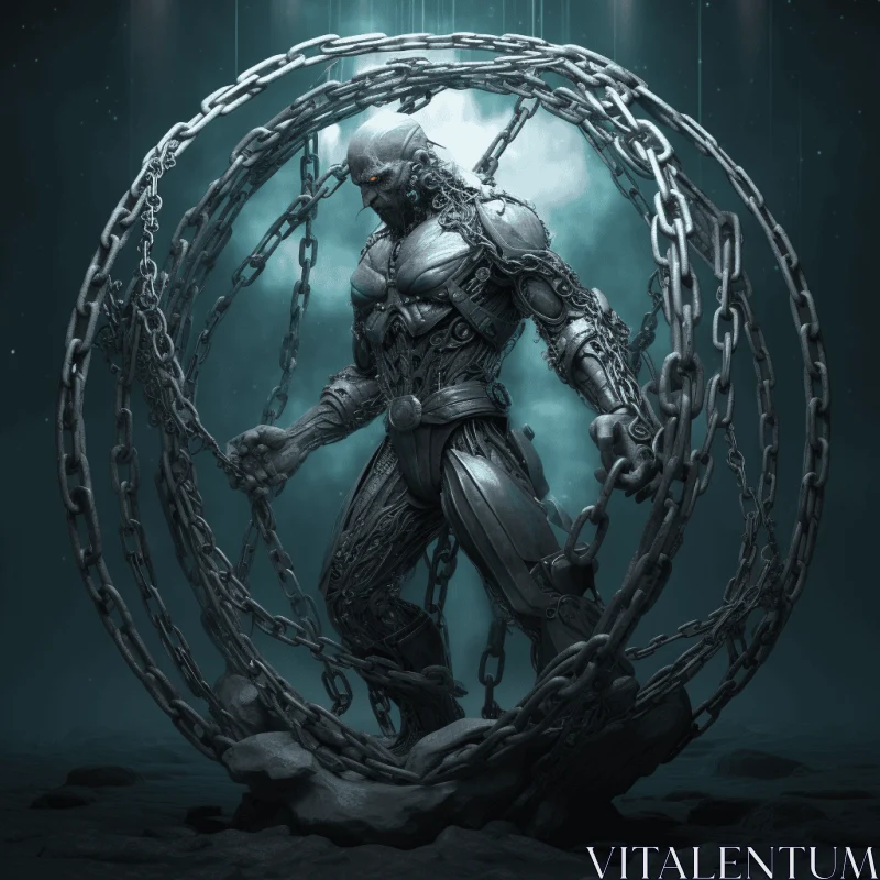 Captivating Image of a Character Surrounded by Chains in Dark Silver and Cyan AI Image