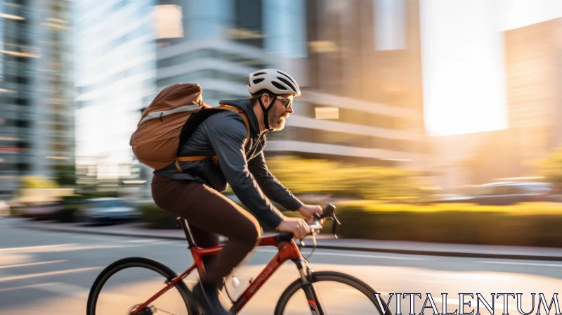 Urban Adventure: Man Riding Bicycle in Cityscape AI Image