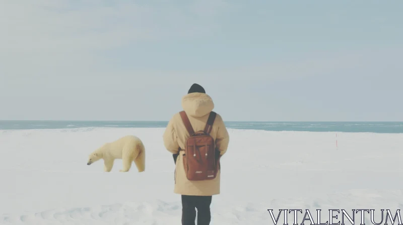 Winter Encounter: Person and Polar Bear on Frozen Sea AI Image