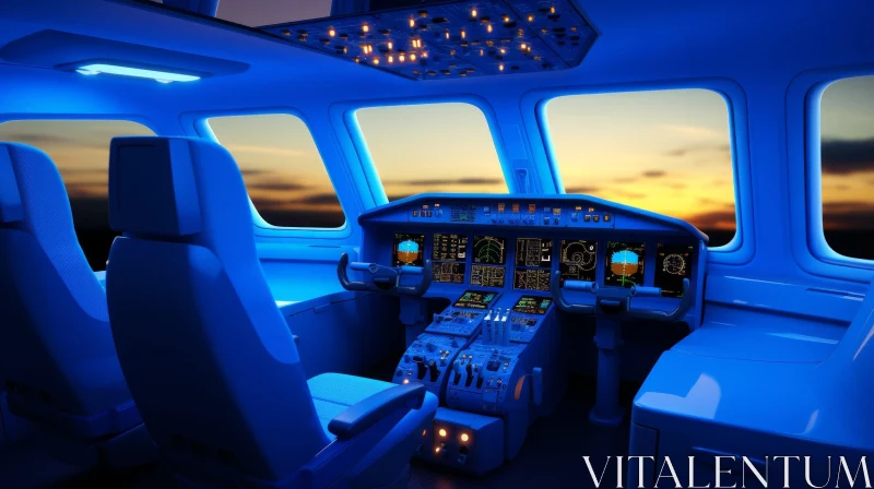 Aircraft Cockpit Blue Light Sunset View AI Image