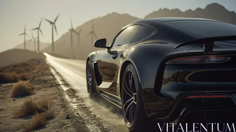 Black Sports Car Driving through Desert Landscape AI Image