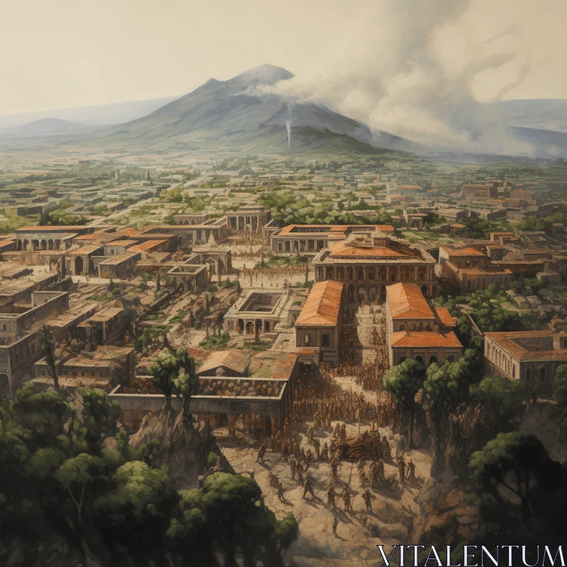 Meticulous Painting of Ancient City Engulfed by Volcano | Realistic Hyper-Detailed Rendering AI Image
