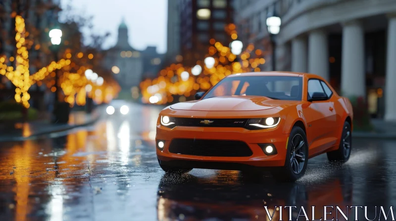 Orange Chevrolet Camaro 3D Rendering on Wet Road AI Image
