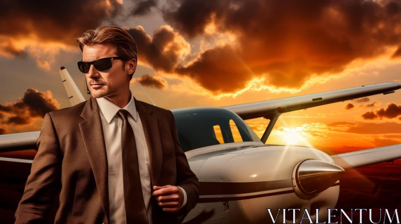 AI ART Confident Pilot with Private Plane at Sunset