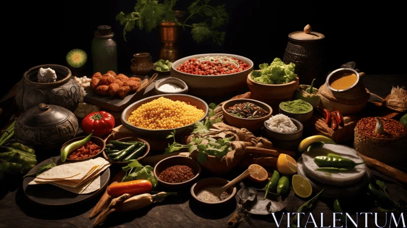 Captivating Still Life: Ethnic Foods in Dramatic Lighting AI Image