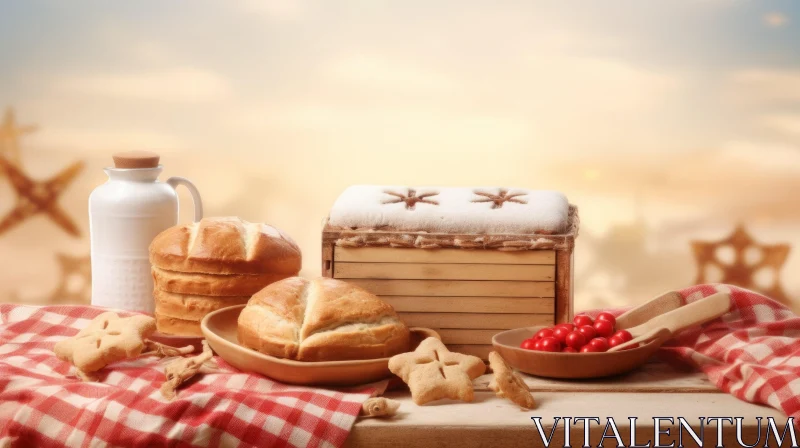 Delicious Bakery Delights on a Wooden Table | Warm Sunset Sky AI Image