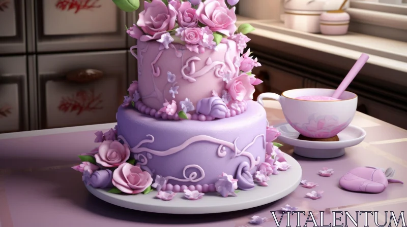 Exquisite Two-Tiered Cake with Pink and Purple Roses AI Image