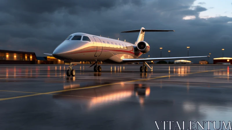 Private Jet at Sunset on Runway - Silver and Red Aircraft AI Image