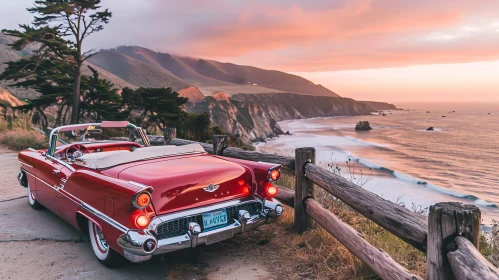 Red Vintage Car on Cliffside Overlooking Ocean
