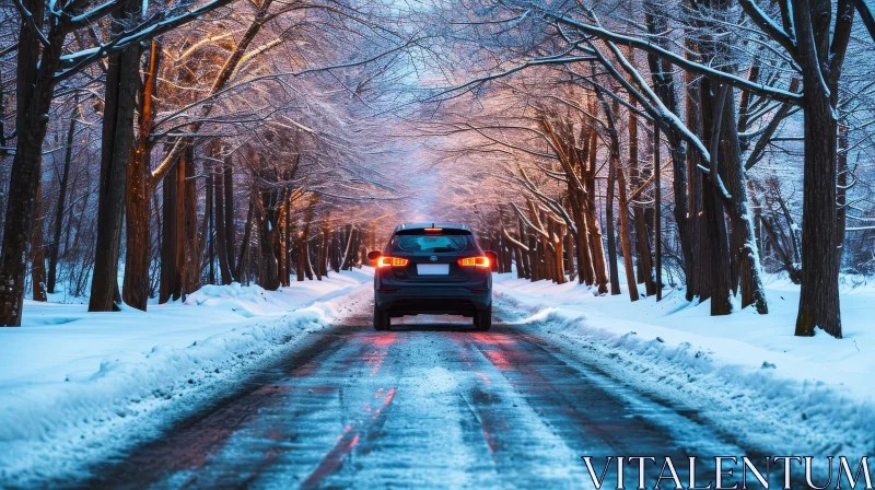 Snowy Road Car Drive - Winter Nature Scene AI Image