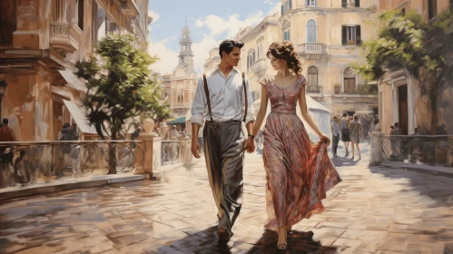 Captivating Painting of a Couple Walking Down a Cobble Street with Cinematic Elegance