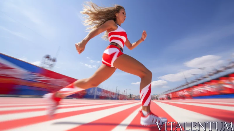 Dynamic Female Runner in Red and White Uniform on Track AI Image