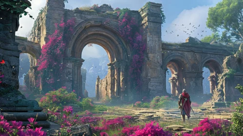Enigmatic Ruined City Landscape with Knight and Flowers