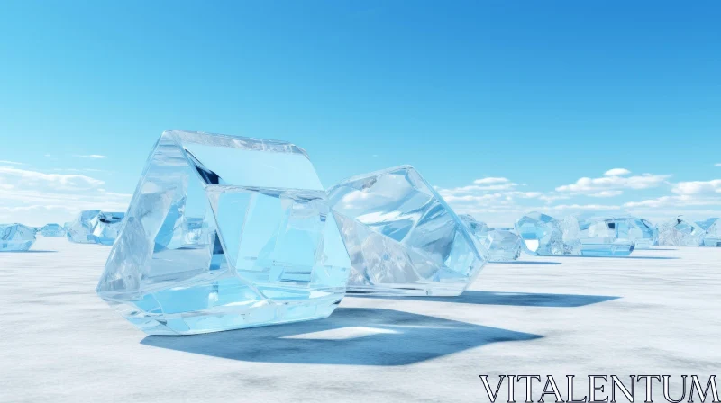 Frozen Splendor: Ice Blocks on Snowy Surface under Blue Sky AI Image