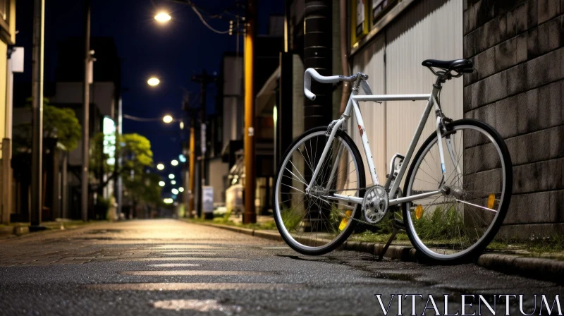 Night Urban Scene with White Bicycle on Wet Street AI Image