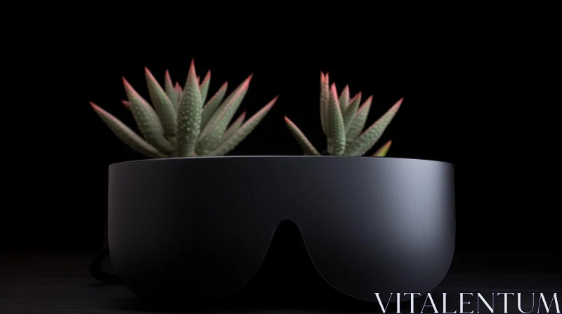 Black Virtual Reality Glasses on Wooden Table with Aloe Vera Plants AI Image