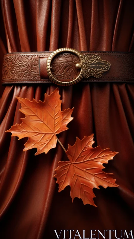 Brown Leather Belt with Gold Buckle - Autumn Leaves Texture AI Image