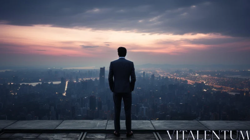 Cityscape Sunset: Businessman Contemplates Future Overlooking City AI Image