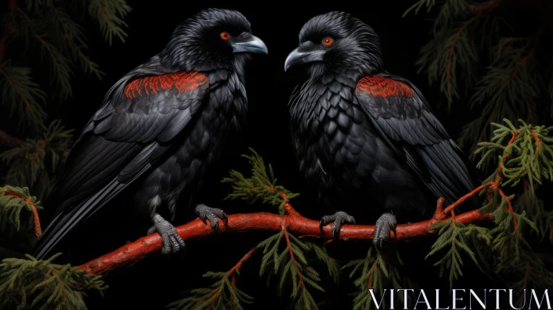Enigmatic Ravens in Dark Forest - Intriguing Wildlife Encounter AI Image