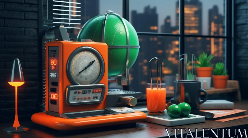Retro-Futuristic Desk with Orange and Gray Globe and Cityscape View AI Image