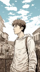 Captivating Manga Artwork of a Young Man in a Mediterranean Landscape
