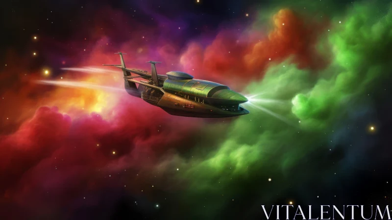 AI ART Green Spaceship Flying in Colorful Nebula - Stunning Space Image