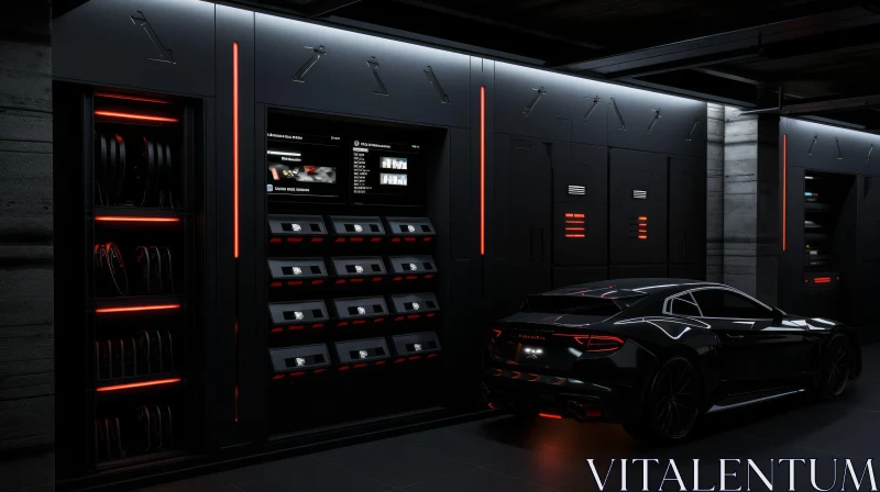 Modern Garage with Black Sports Car and High-Tech Features AI Image