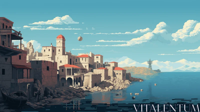 Rustic Renaissance-Inspired Illustration of an Old Town by the Water AI Image