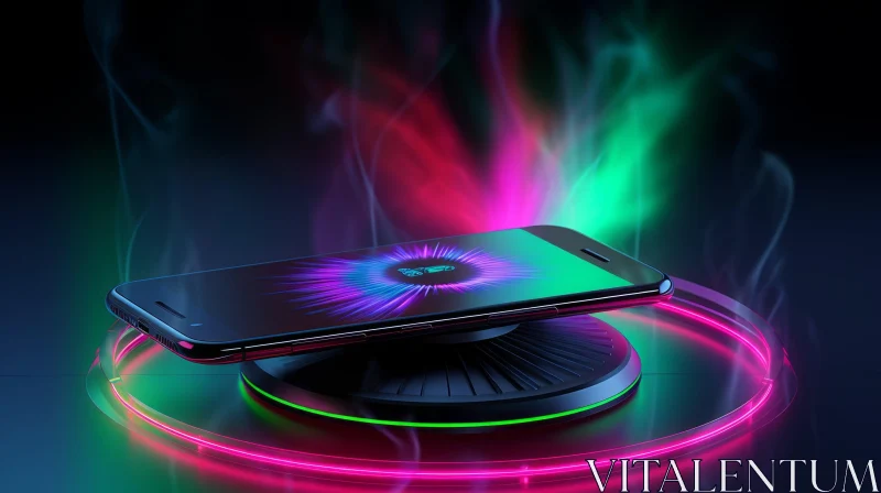 Stunning 3D Illustration: Smartphone on Wireless Charging Pad with Colorful Glow AI Image