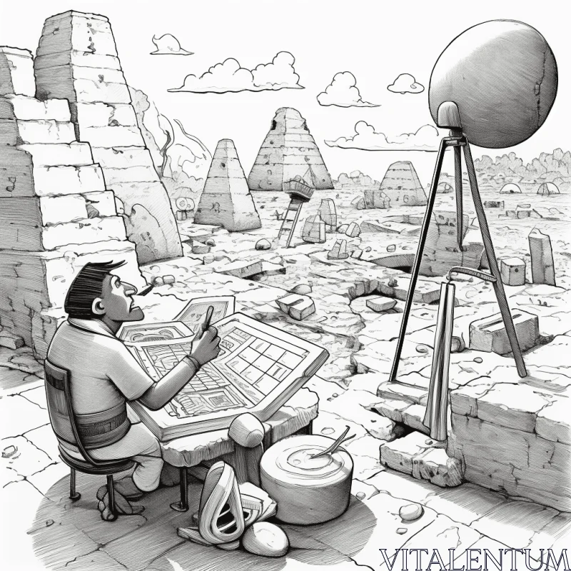 Captivating Ink Drawing: Man Observing Earth in Mayan Art Style AI Image