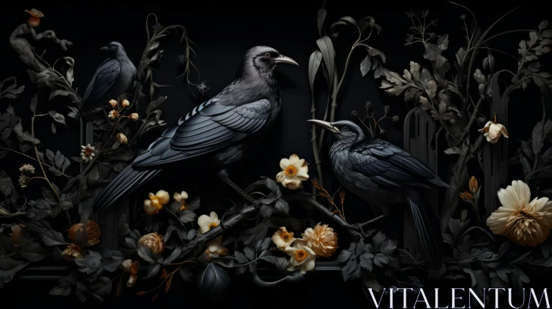 Dark Gothic Floral Still Life with Crows AI Image