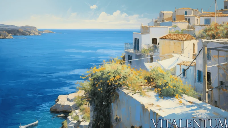 Mediterranean Village by the Sea: Captivating Coastal Painting AI Image