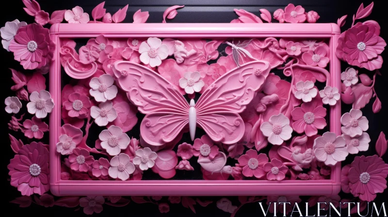 Pink Butterfly Bas-relief with Flowers and Birds AI Image