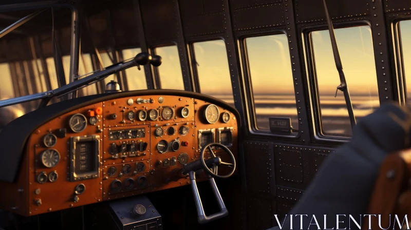 Aircraft Cockpit Interior with Sunset View AI Image