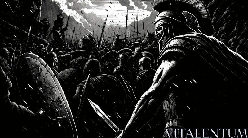Captivating Black and White Battle: Roman Soldiers vs Spartan Warrior AI Image