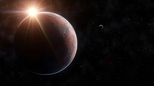 Enigmatic Planetary Scene: Reddish Planet, Gray Moon, Bright Star