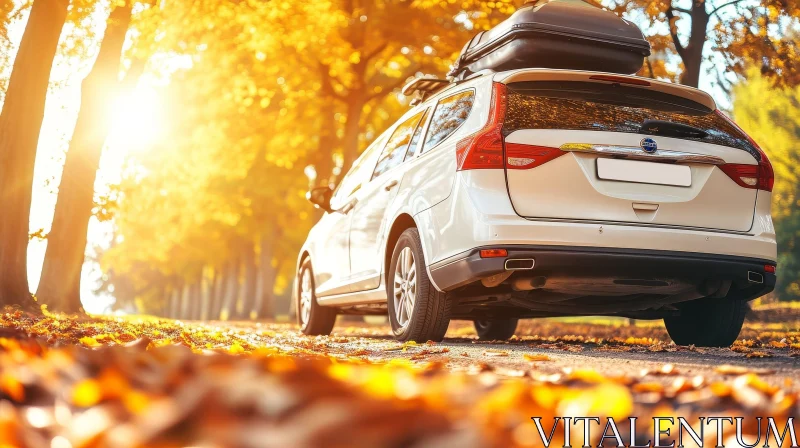 Autumn Forest Drive: White Car Amidst Fall Leaves and Sunlight AI Image