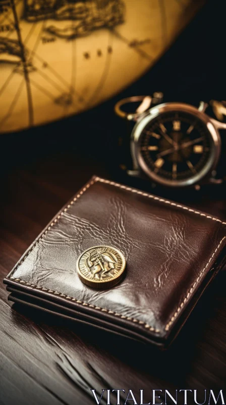 Brown Leather Wallet with Gold Coin on Wooden Table AI Image