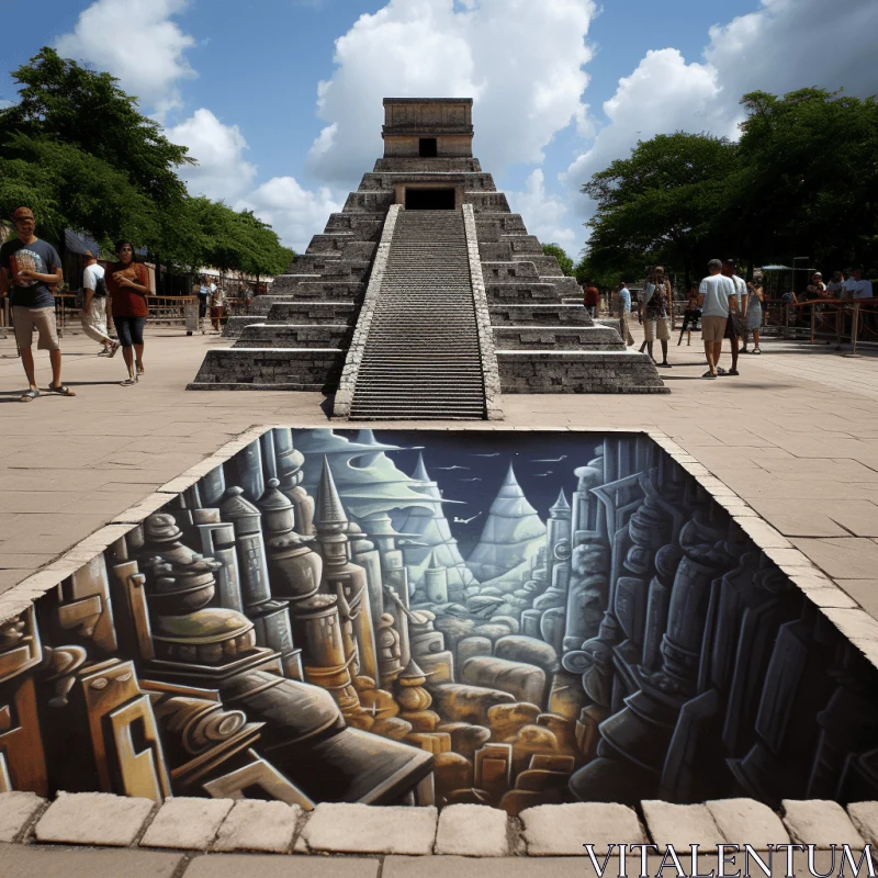 AI ART Captivating 3D Art: Pyramid Emerging from the Ground | Mayan Art and Street Art Fusion
