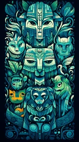 Captivating Blue and Green Drawing of Animals in Indigenous Design