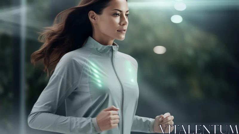 Futuristic City Running - Energetic Woman in Blue Tracksuit AI Image