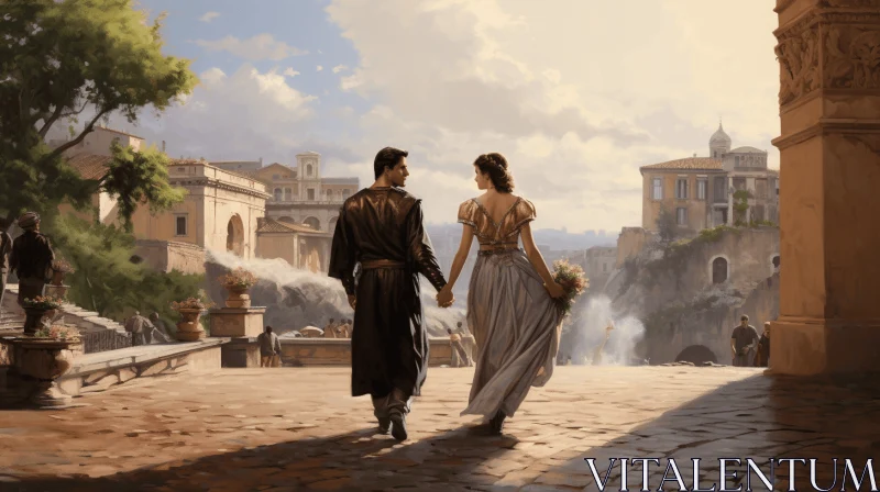 Captivating Neoclassical Painting of a Couple Walking Down a Pathway AI Image