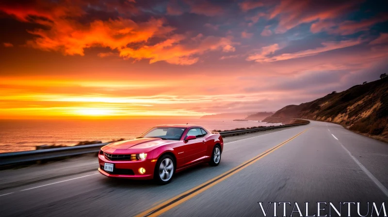 Red Chevrolet Camaro Coastal Road Sunset Drive AI Image