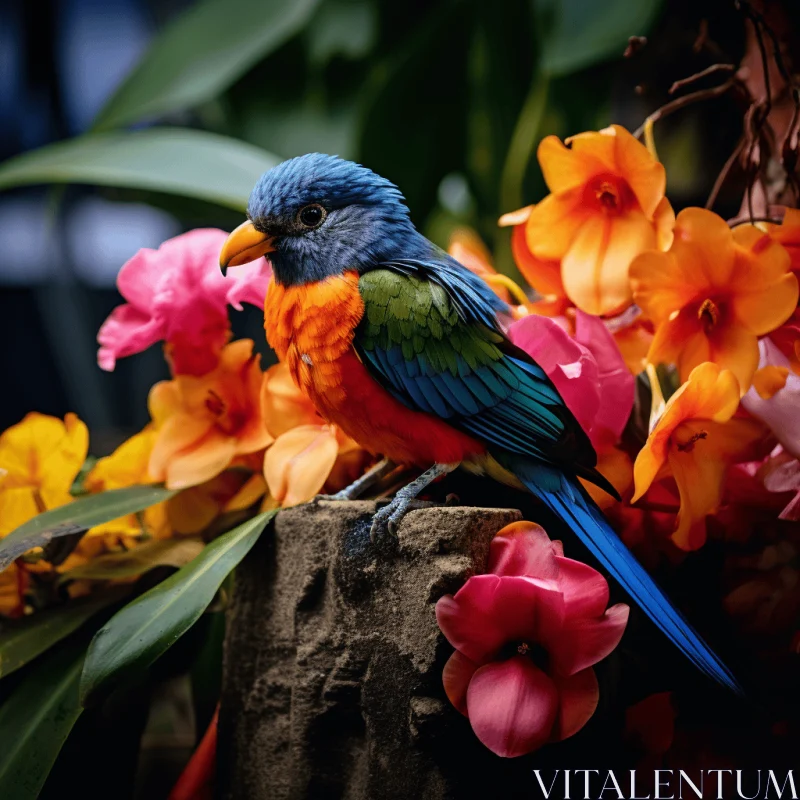 Vibrant Bird Perched on Log Near Colorful Flowers - Tropical Baroque Style AI Image